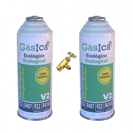 2 Botellas Gas Ecologico Gasica V2 226Gr + Valvula Sustituto R22, R32, R407C, R410A Freeze Organico