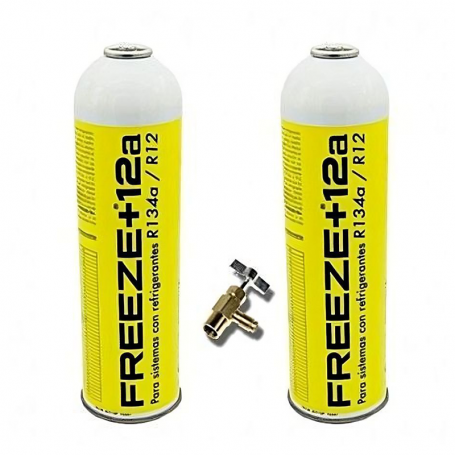 2 Botellas Gas Ecologico Refrigerante Freeze +12a 420Gr + Valvula Organico Sustituto R12, R134A