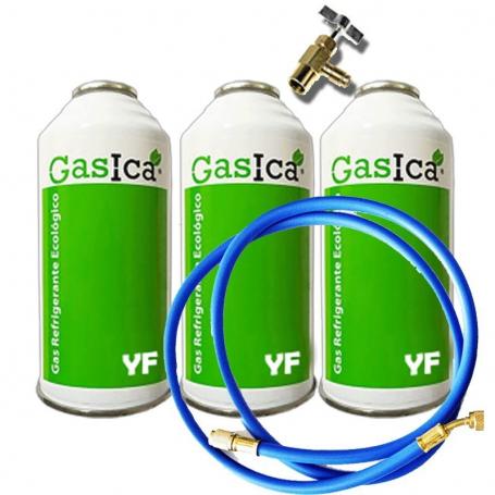 3 Botellas Gas Ecologico Gasica YF 171gr + Valvula + Manguera Sustituto R1234YF Freeze Organico
