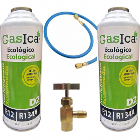 2 Botellas Gas Gasica D2 226g + Valvula + Manguera Alternativo R12, R134A Freeze Organico