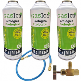 3 Botellas Gas Gasica D2 226g + Manguera + Valvula Alternativo R12, R134A Freeze Organico