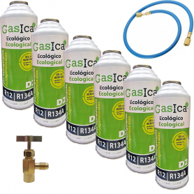6 Botellas Gas Gasica D2 226g + Valvula + Manguera Alternativo R12, R134A Freeze Organico