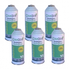 6 Botellas Gas Gasica V2 226Gr Alternativo R22, R32, R407C, R410A Freeze