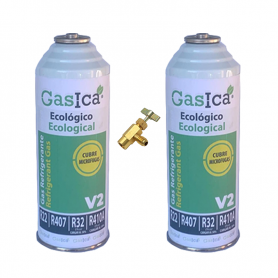 2 Botellas Gas Gasica V2 226Gr + Valvula Alternativo R22, R32, R407C, R410A Freeze Organico