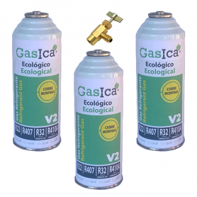 3 Botellas Gas Gasica V2 226Gr + Valvula Alternativo R22, R32, R407C, R410A Freeze