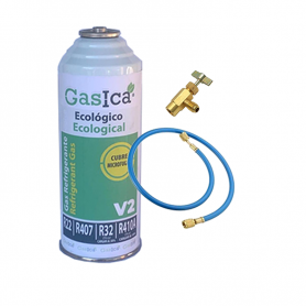 1 Botella Gas Gasica V2 226Gr + Valvula + Manguera Alternativo R22, R32, R407C, R410A Freeze Organico