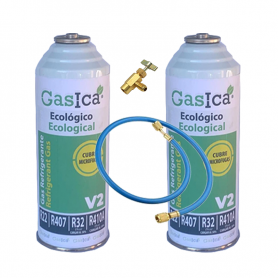 2 Botellas Gas Gasica V2 226Gr + Valvula + Manguera Alternativo R22, R32, R407C, R410A Freeze Organico