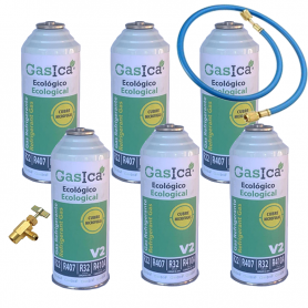 6 Botellas Gas Gasica V2 226Gr + Valvula + Manguera Alternativo R22, R32, R407C, R410A Freeze