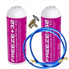 2 Botellas Gas Refrigerante Freeze Organico +32 350Gr + Valvula + Manguera Sustituto R32, R410A