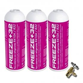 3 Botellas Gas Refrigerante Freeze Organico +32 350Gr + Valvula Sustituto R32, R410A