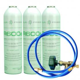 3 Botellas Gas Refrigerante R600a + Manguera + Valvula 420Gr Isobutano Freeze