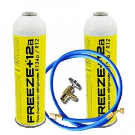 2 Botellas Gas Refrigerante Freeze +12a 420Gr + Valvula + Manguera Organico Sustituto R12, R134A