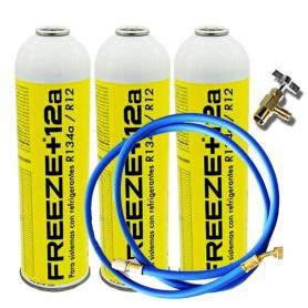 3 Botellas Gas Refrigerante Freeze +12a 420Gr + Valvula + Manguera Organico Sustituto R12, R134A
