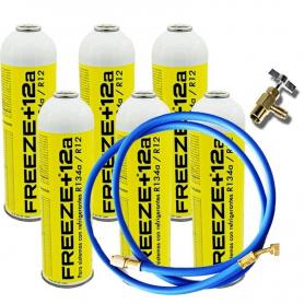 6 Botellas Gas Refrigerante Freeze +12a 420Gr + Valvula + Manguera Organico Sustituto R12, R134A