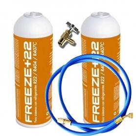 2 Botellas Gas Refrigerante Freeze +22 400Gr + Valvula + Manguera Organico Sustituto R22, R404, R407C