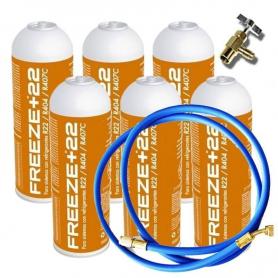 6 Botellas Gas Refrigerante Freeze +22 400Gr + Valvula + Manguera Organico Sustituto R22, R404, R407C