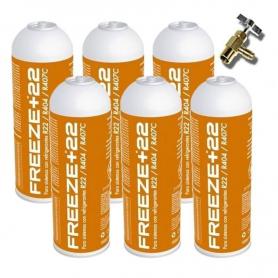 6 Botellas Gas Refrigerante Freeze +22 400Gr + Valvula Organico Sustituto R22, R404, R407C